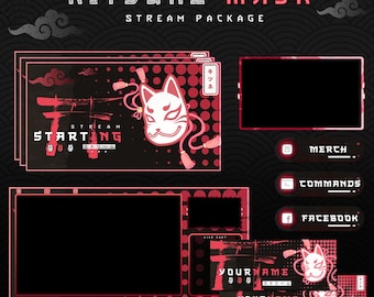 Masque kitsune animé Pour les streamers Twitch Pack Twitch complet Panneaux d'alertes animés Graphismes de flux japonais Masque rouge Kitsune Japon