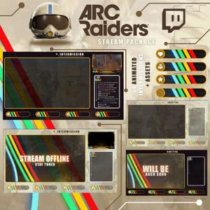 May include: A digital stream package with a pilot helmet graphic. The package includes animated intermissions and assets. The text includes "ARC Raiders", "Stream Package", "Stream Offline Stay Tuned", and "Will Be Back Soon".