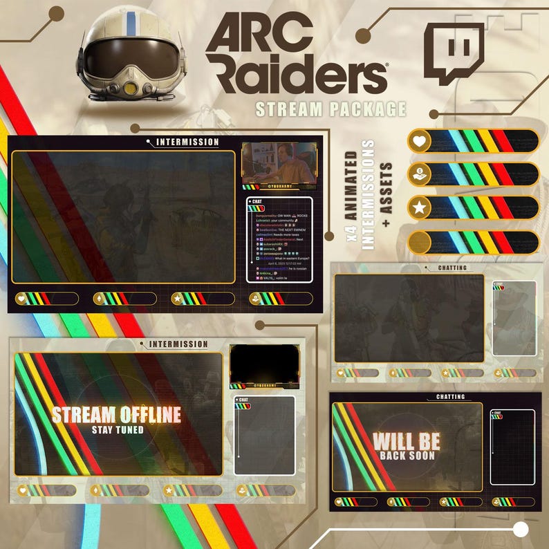 May include: A digital stream package with a pilot helmet graphic. The package includes animated intermissions and assets. The text includes "ARC Raiders", "Stream Package", "Stream Offline Stay Tuned", and "Will Be Back Soon".