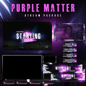 May include: Purple and white Twitch stream package with a black background. The package includes a starting soon screen, a welcome screen, and buttons for about me, Instagram, games, and subscribe.