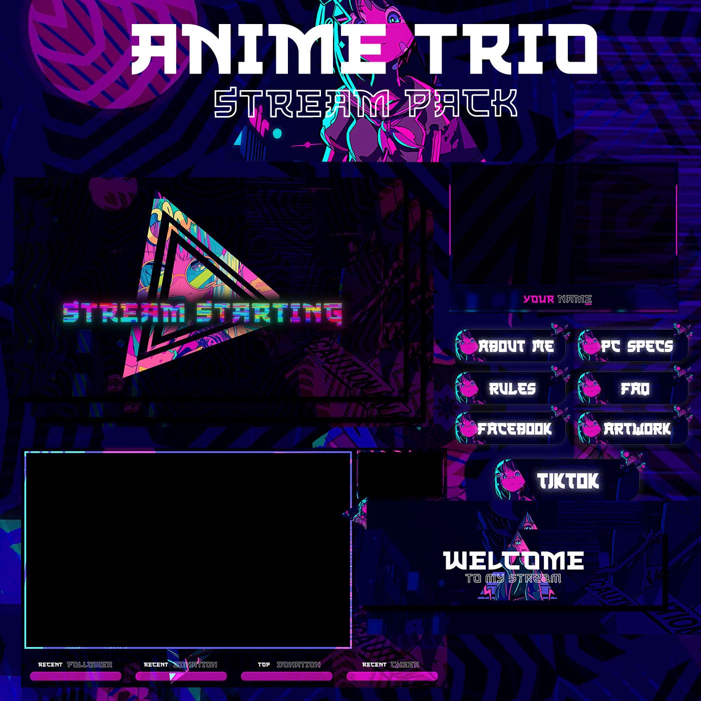 Retro Premium Animated Twitch for Twitch Streamers Retro Anime Stream overlays Full stream Package Purple Triangle Retro overlays
