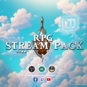 May include: A blue sky with white clouds and a pixelated sword and shield with the text "RPG STREAM PACK" in silver. Below the shield are three icons for Twitch, Discord, and Streamlabs. The text "WORKS PERFECTLY WITH" is below the icons, followed by the logos for Facebook, Twitch, and YouTube.