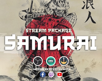 Banderoles animées Samurai Twitch Package Twitch complet Panneaux d'alertes animés Graphismes de stream japonais Samurai Red Japan