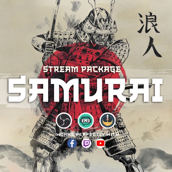 Banderoles animées Samurai Twitch paquet complet de contractions panneaux d'alertes animés japonais Stream Graphics Samurai Red Japon