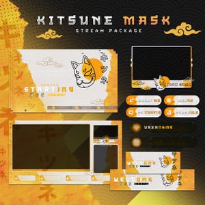 Animated kitsune Yellow Mask For twitch streamers full twitch package animated alerts panels Japanese Stream Graphics Kitsune Yellow Mask