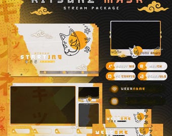 Masque jaune kitsune animé Pour les streamers Twitch Pack twitch complet Panneaux d'alertes animés Graphismes de flux japonais Masque jaune Kitsune