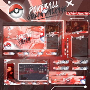 May include: A red and white Pokeball-themed stream package with the text "POKEBALL STREAM PACKAGE" and "STARTING STREAM". Includes customizable elements and instant download availability. Features a red and white colour scheme.