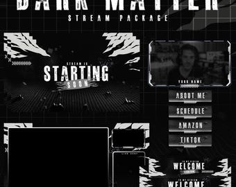 Pack d'animation de flux de matière noire, superposition de Twitch, alertes animées, écrans d'affichage animés, mode sombre, noir et blanc, pour les streamers Twitch