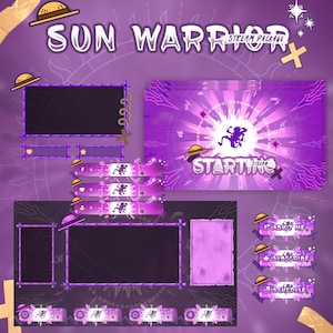 Puede incluir: Un paquete de transmisión "Sun Warrior" morado y blanco con varios elementos de superposición. Incluye una pantalla de inicio, cuadros de chat y botones de redes sociales. El diseño presenta un sol, un personaje de dibujos animados y sombreros de paja.