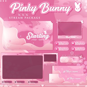 Pinky Bunny Stream package Animated Overlay kawaii Intermission Chatting Screens Webcam Alerts Full stream Pack Cute