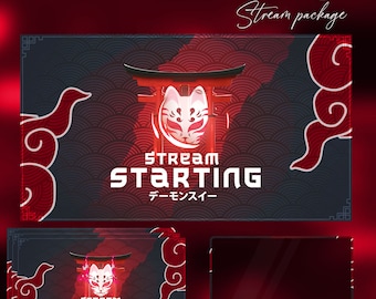 Kitsune Red Mask animé Pour les streamers Twitch Pack Twitch complet Panneaux d'alertes animés Graphismes de flux japonais Kitsune Red Mask Japon