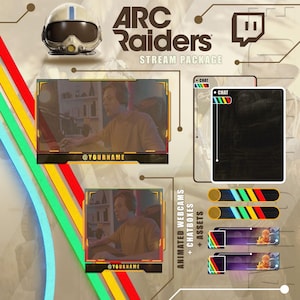 May include: A digital stream package with the text "ARC Raiders" and "Stream Package." The design includes animated webcams, chat boxes, and assets. The package features a pilot helmet and a Twitch logo.