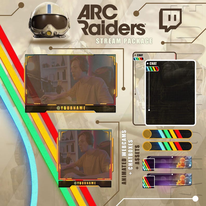 May include: A digital stream package with the text "ARC Raiders" and "Stream Package." The design includes animated webcams, chat boxes, and assets. The package features a pilot helmet and a Twitch logo.