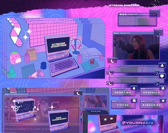 Animation Lofi rétro Twitch pour Streamers Twitch Configuration gaming pour ordinateur portable Superpositions de streaming Package de streaming complet Superpositions Pink Chill Purple
