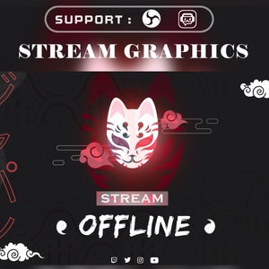 Animated kitsune mask For twitch streamers full twitch package animated alerts panels Japanese Stream Graphics Kitsune Red Mask 2023