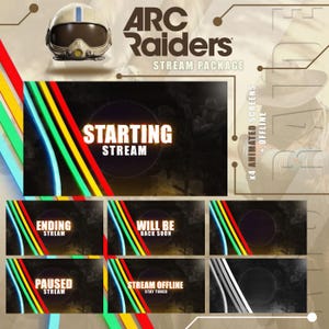 May include: A digital stream package titled "ARC Raiders" with a pilot helmet graphic. The package includes animated screens for starting, ending, pausing, and going offline. The design features a dark background with colorful diagonal lines.