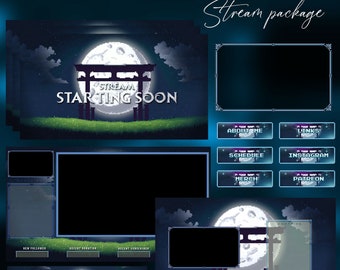 Pack de diffusions animées Gate japonais Superposition Twitch Alertes animées Écrans animés Panneaux japonais Mode sombre pour les streamers Twitch