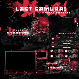 Sobreposições de twitch premium Last Samurai para streamers, pacote completo de twitch, painéis de alertas animados, gráficos de transmissão japoneses, Samurai Red Japan