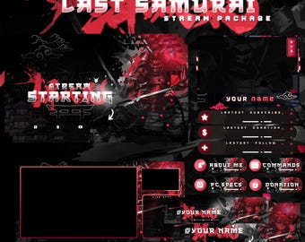Superpositions Premium Last Samurai pour streamers Pack Twitch complet Panneaux d'alertes animés Graphismes de stream japonais Samurai Red Japan