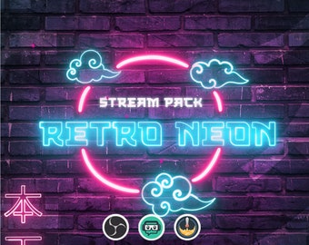 Pack de diffusions animées Néon rétro bleu Superposition Twitch Alertes animées Écrans animés Panneaux néon néon mode sombre pour streamers Twitch Bleu