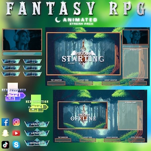 Op de afbeelding: Geanimeerd streampakket voor Twitch of YouTube met een fantasy RPG-thema. Het pakket bevat een startscherm, een offlinescherm, een melding voor nieuwe volgers, een melding voor nieuwe donaties en verschillende andere panelen. Het ontwerp bevat een gepixelde bos scène met een zwaard en de tekst "STREAM STARTING" of "STREAM OFFLINE".