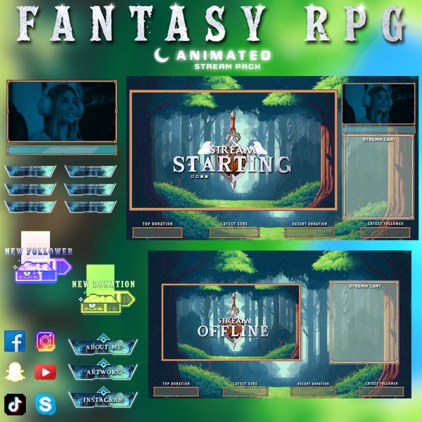 Premium Animated Twitch for Twitch Streamers RPG Fantasy Stream overlays Full stream Package Green Fantasy rpg overlays