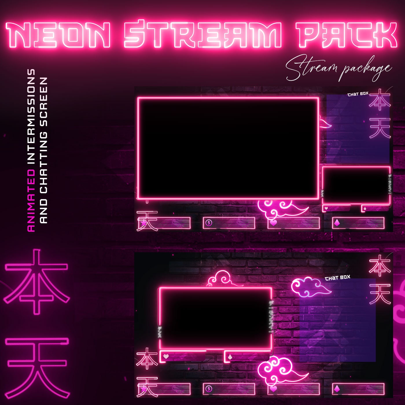 Paquete de transmisión animada Superposición de Twitch de neón retro ...