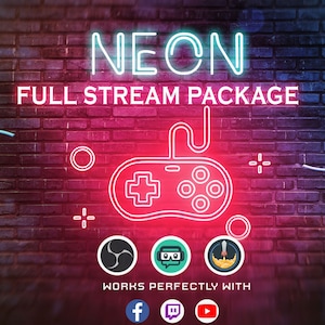 Neon Animated Stream Overlay Package Retro Screens Facecam Alerts Stinger Transition Pink red orange black For Twitch Streamers
