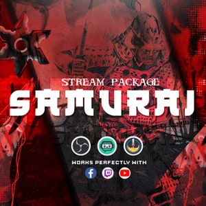Animated Samurai Shiruken twitch streamers full twitch package animated alerts panels Japanese Stream Graphics Samurai Red  Japan