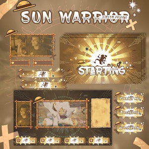 Peut inclure: Un ensemble de streaming numérique aux tons marron et beige. L'ensemble comprend une bannière "Sun Warrior Stream Package" et un écran "Starting". Il comprend également plusieurs éléments de superposition avec une icône de chapeau de paille.