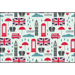 May include: A colorful pattern featuring London landmarks, including a red double-decker bus, a red telephone booth, Big Ben, the Union Jack flag, and umbrellas. The pattern is repeated on a light blue background with red hearts and clouds.