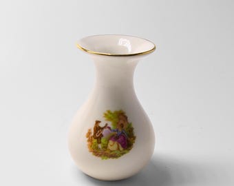 Vintage Limoges Porcelain Bud Vase, Fragonard Courting Scene, Gold Trim