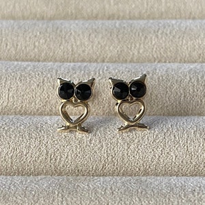 14k Yellow Gold Cute Owl Stud Earrings Screw Back