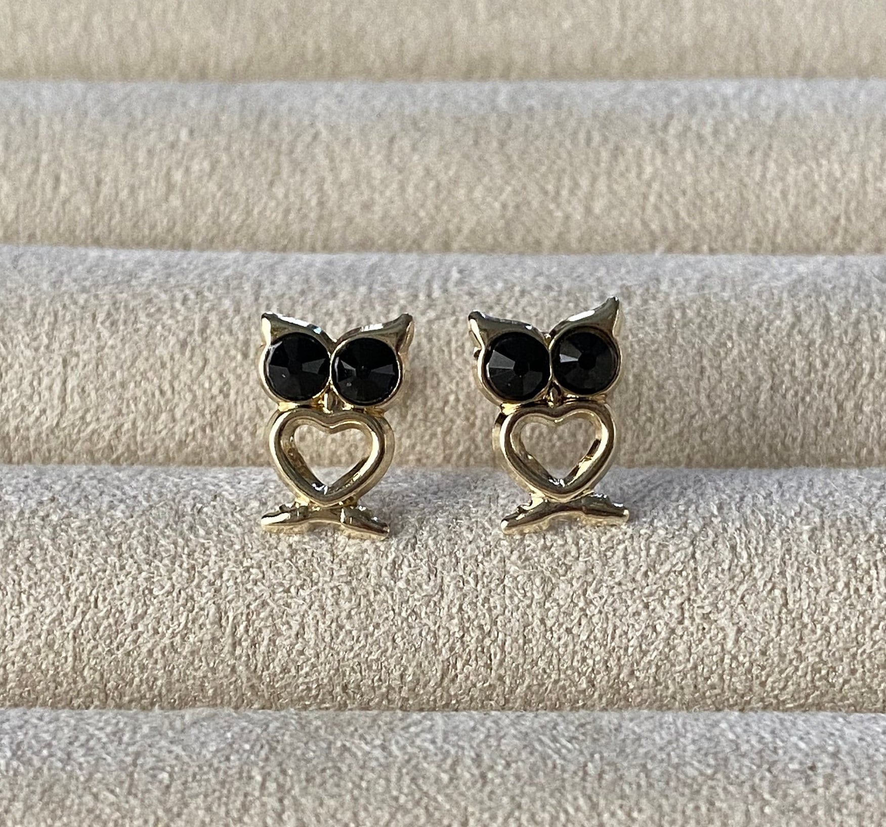 14k Yellow Gold Owl Stud Earrings: Black CZ, Screw Back