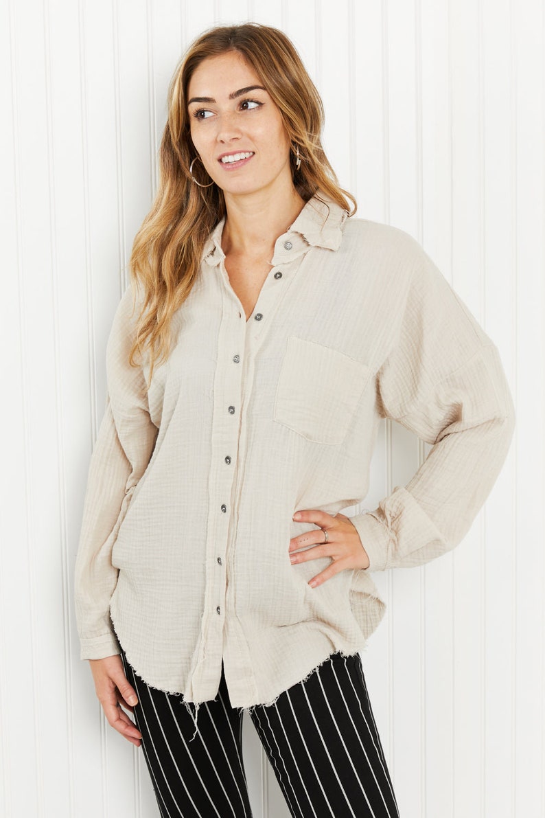Zenana Through the Woods Gauze Raw Hem Buttondown Shirt in Etsy