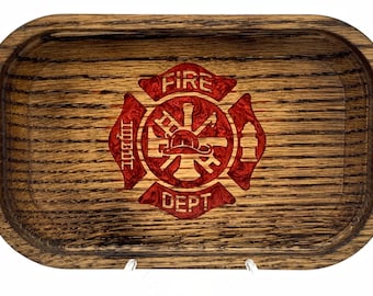 Fire Department Red Epoxy Inlay Logo Engraved Desk Valet Tray - 6" x 9.5"