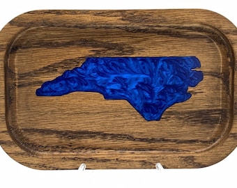 North Carolina State Outline Blue Epoxy Inlay Engraved Desk Valet Tray - 6" x 9.5"