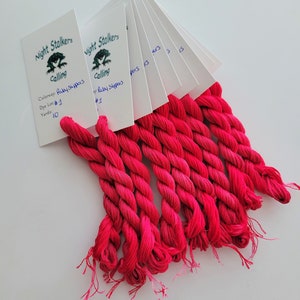 Può includere: Una collezione di sei matasse di filo da ricamo rosa acceso, ciascuna attaccata a un cartoncino bianco con l'etichetta Night Stalkers Calling. I cartoncini presentano un grafico di rana, il colore Ruby Slippers, lotto di tintura 1 e 10 yard.