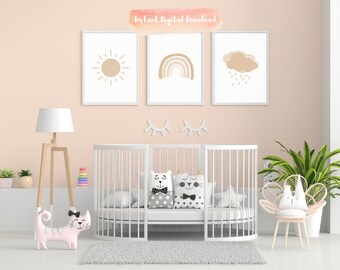 Nursery Sunshine Rainbow Cloud Wall Art, Russian Nursery Digital Print Poster, Cute Wall Art, Sun Rainbow Raincloud Wall Decor, Set of 3