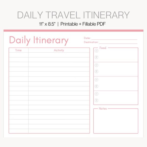 Daily Travel Itinerary Template, Trip Itinerary Planner, Printable Fillable Trip Planner, Vacation Planner Fillable, Light Pink Planner