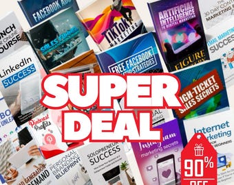 May include: A collage of colorful book covers with the words "SUPER DEAL" in large red letters. The book covers feature titles such as "Facebook Ads", "Sales Funnel", "TikTok Marketing", "Free Facebook Strategies", "Artificial Intelligence in Digital Marketing", "Email Marketing Success", "High-Ticket Sales Secrets", "Internet Marketing for Beginners", "Lead Generation on Demand", "Personal Branding Blueprint", "Solopreneur Success", "Instagram Marketing Secrets", and "Pinterest Profits". A red gift box with a white ribbon and the text "90% OFF" is in the lower right corner.