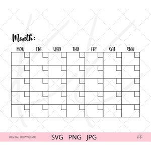 Monthly Calendar svg, Printable wall calendar, Digital Download svg