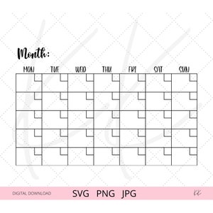 May include: A black and white printable monthly calendar template with the word "Month:" at the top and the days of the week labelled across the top row. Each day has a blank square for writing in appointments or events.