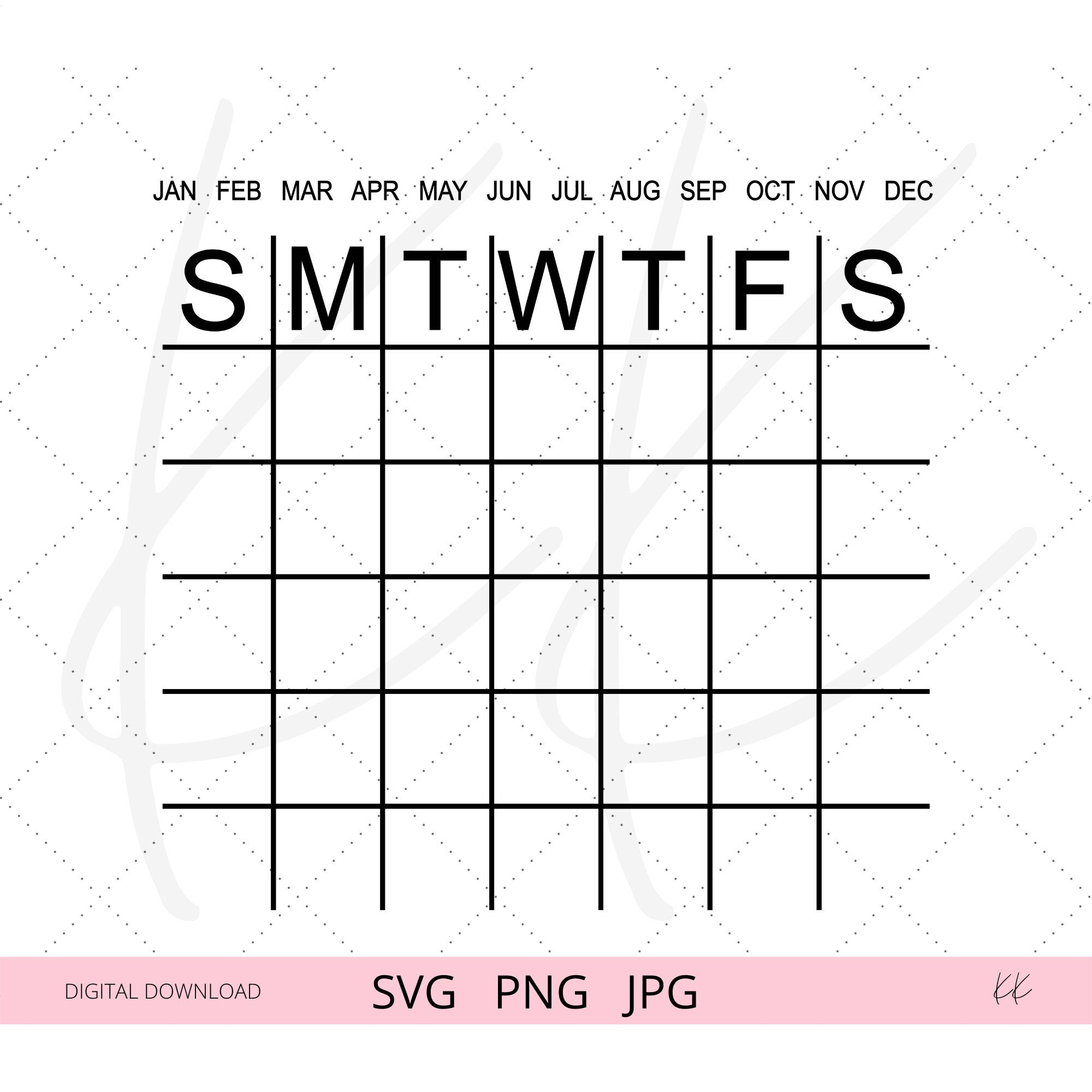 Monthly Calendar Svg, Printable Wall Calendar, Digital Download Svg Etsy