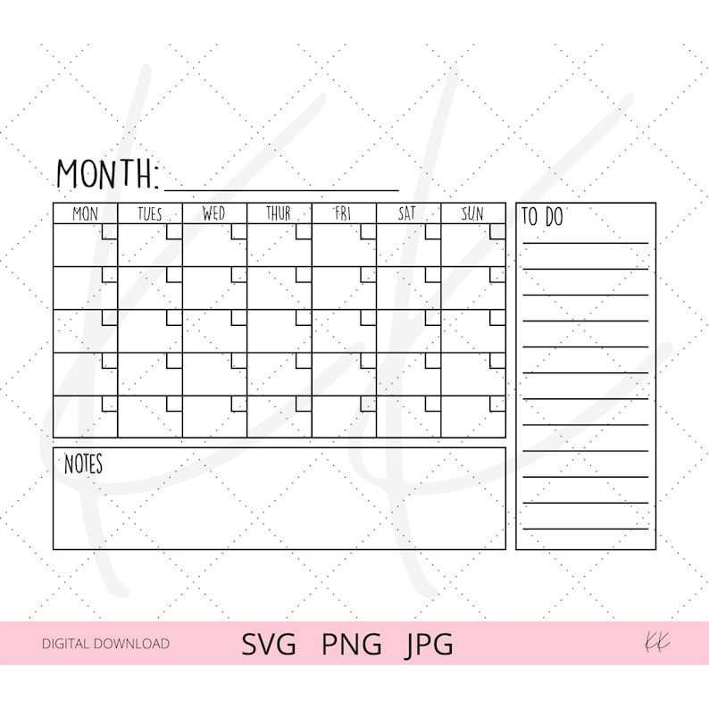 May include: A printable monthly calendar planner with a to-do list and notes section. The calendar has spaces for each day of the week, Monday through Sunday.