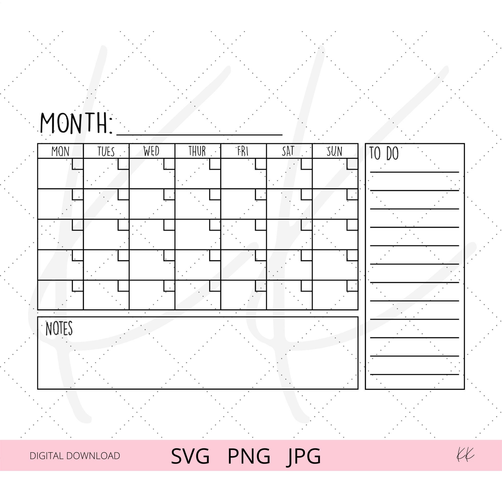 Monthly Calendar SVG Digital Download Calendar Calendar Etsy