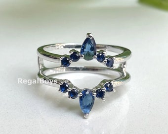 Sapphire Enhancer Wrap Ring, Ring Guards & Spacers , 14K Gold Finish Enhancer Ring, Crown Ring, Pear and Round Sapphire Enhancer Guard