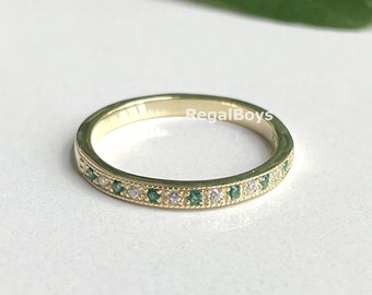 Wedding Band For Women, Half Eternity Ring, 14K Gold Finish Wedding Band, Anniversary Ring, Minimal Ring, Green Emerald Wedding Ring