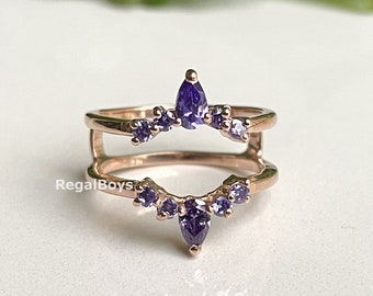 Amethyst Enhancer Wrap Ring, Ring Guards & Spacers , 14K Gold Finish Enhancer Ring, Crown Ring, Pear and Round Amethyst Enhancer Guard