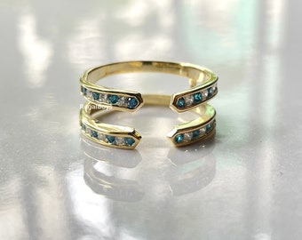 Round Blue Topaz Enhancer Wedding Ring, 14K Gold Finish Topaz Enhancer Ring, Wrap Ring For Women, Diamond Wedding Band, Ring Guards Spacers